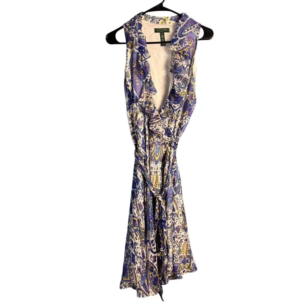 Lauren Ralph Lauren Silk Paisley Wrap Dress Size 12 Ruffle V-Neck Blue Purple - Picture 2 of 7